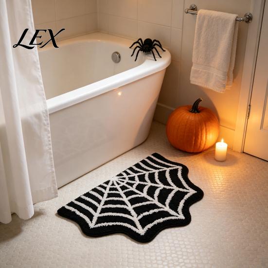 Halloween Floor Rug Spider Web Bath Mat, Gothic Bathroom Rug, Non-slip Indoor Outdoor Porch Black Bat for Home Entrance Bedroom Decor