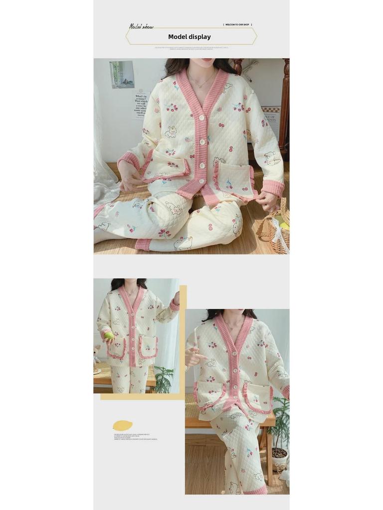 Damen Cartoon Baumwollpyjama Set - Warm und stilvoll für Herbst/Winter