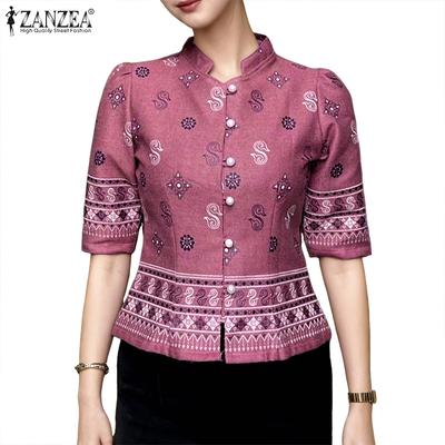Women Stand Collar Casual Ethnic Print Summer Half Sleeve Blouse