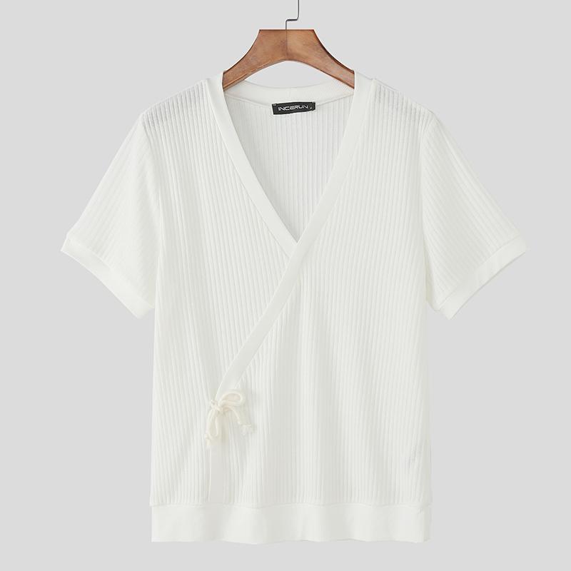 

INCERUN Мужские тонкие повседневные футболки с V-образным вырезом, с коротким рукавом, с перекрещенной передней частью, в рубчик 5XL белый