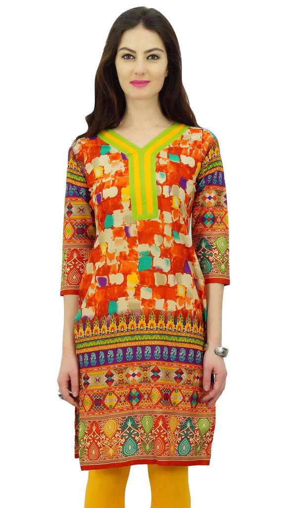 Phagun Indian Women's Cotton Printed Straight Knee Length Casual Kurta Kurti -