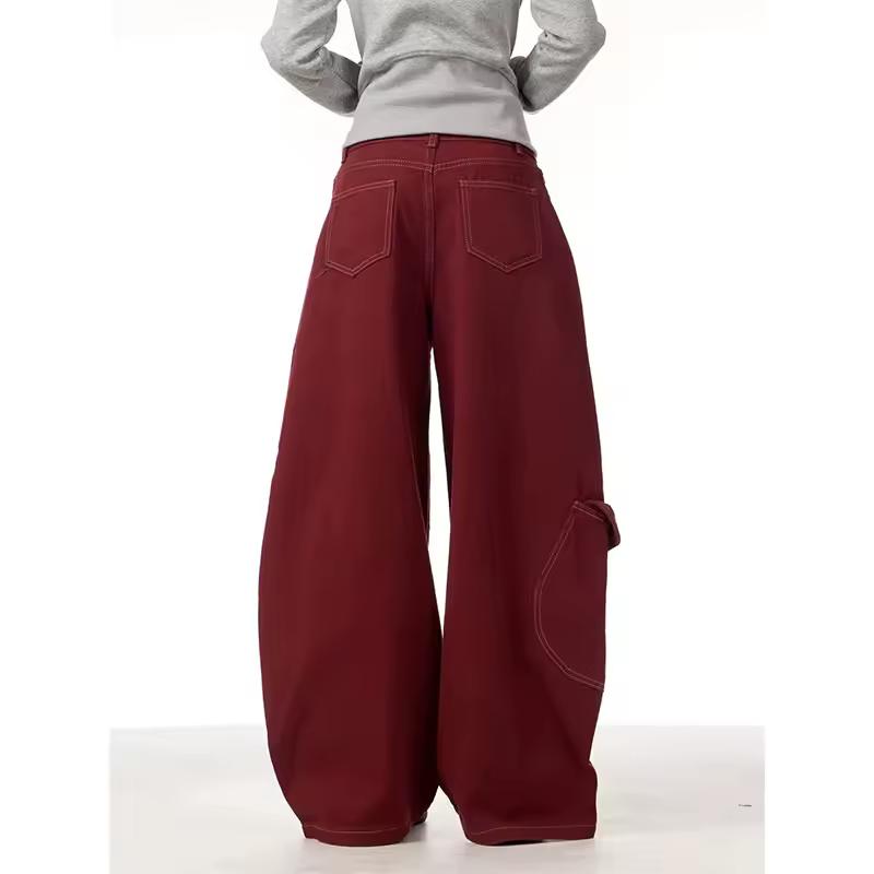 Damskie Czerwone Vintage Jeansy z Wysokim Stanem Proste Y2K Lata 90 Hip Hop Amerykański Streetwear Szerokie Nogawki Klasyczne Dżinsowe Spodnie