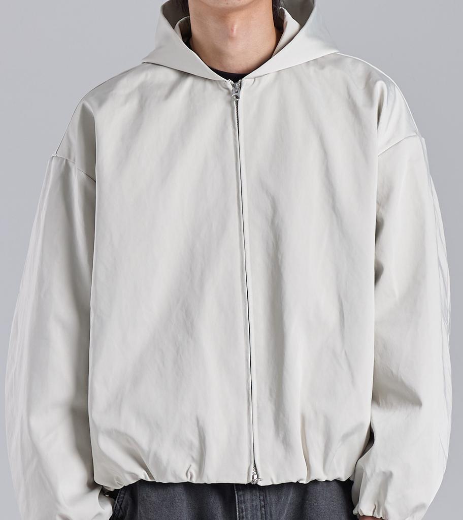 Button Seoul Glossy Texture Two-Way Banded Ribbed Hooded Blouson (White)