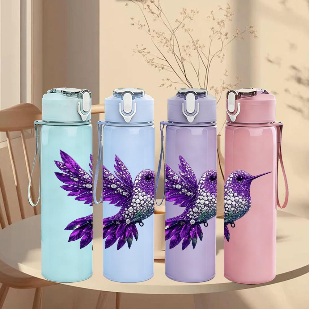 1PC Purple Hummingbird Bird 750ml Color Plastic Sports Water Bottle Leakproof Flip Straw Lid Suitable for Sports Office Home Use