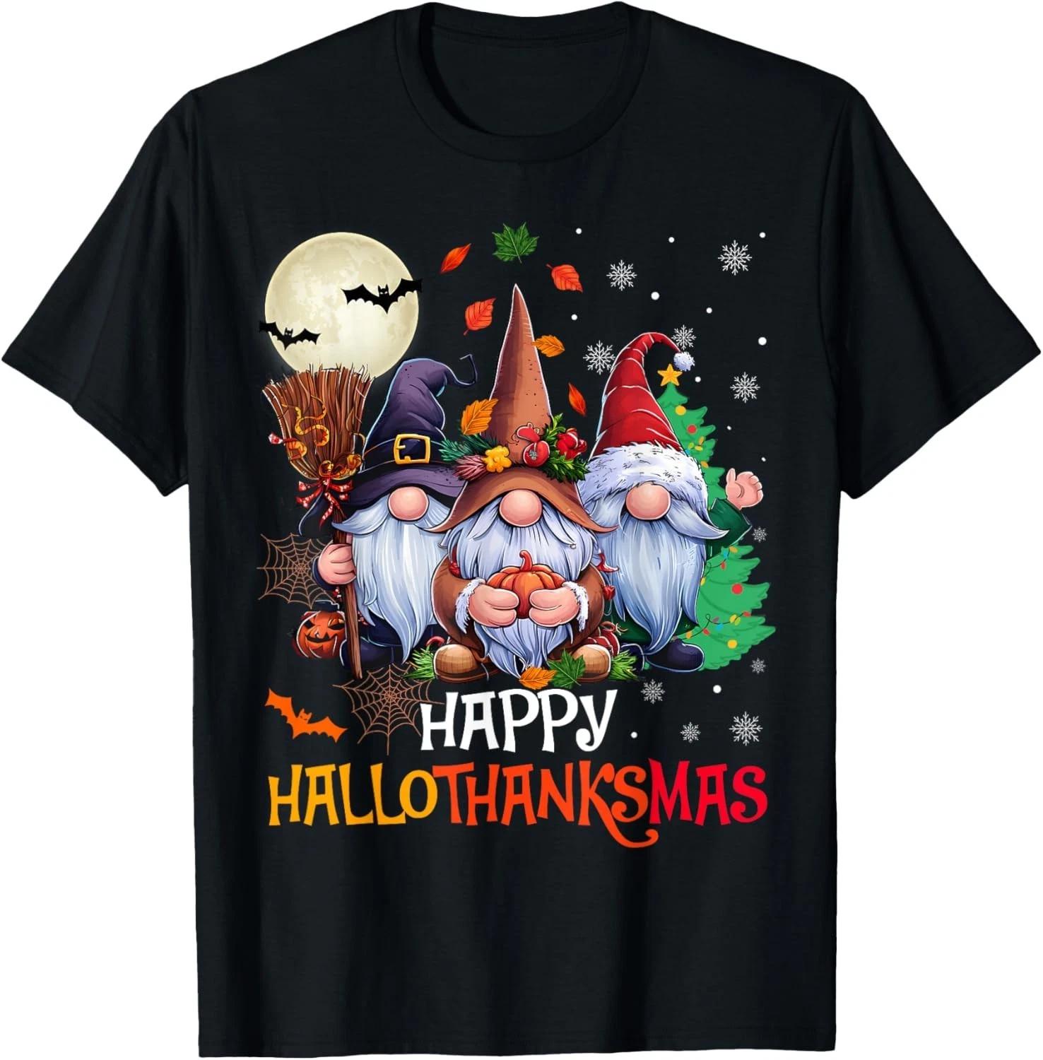 Happy Hallothanksmas Gnomes Lover Halloween Merry Christmas T- Shirt L