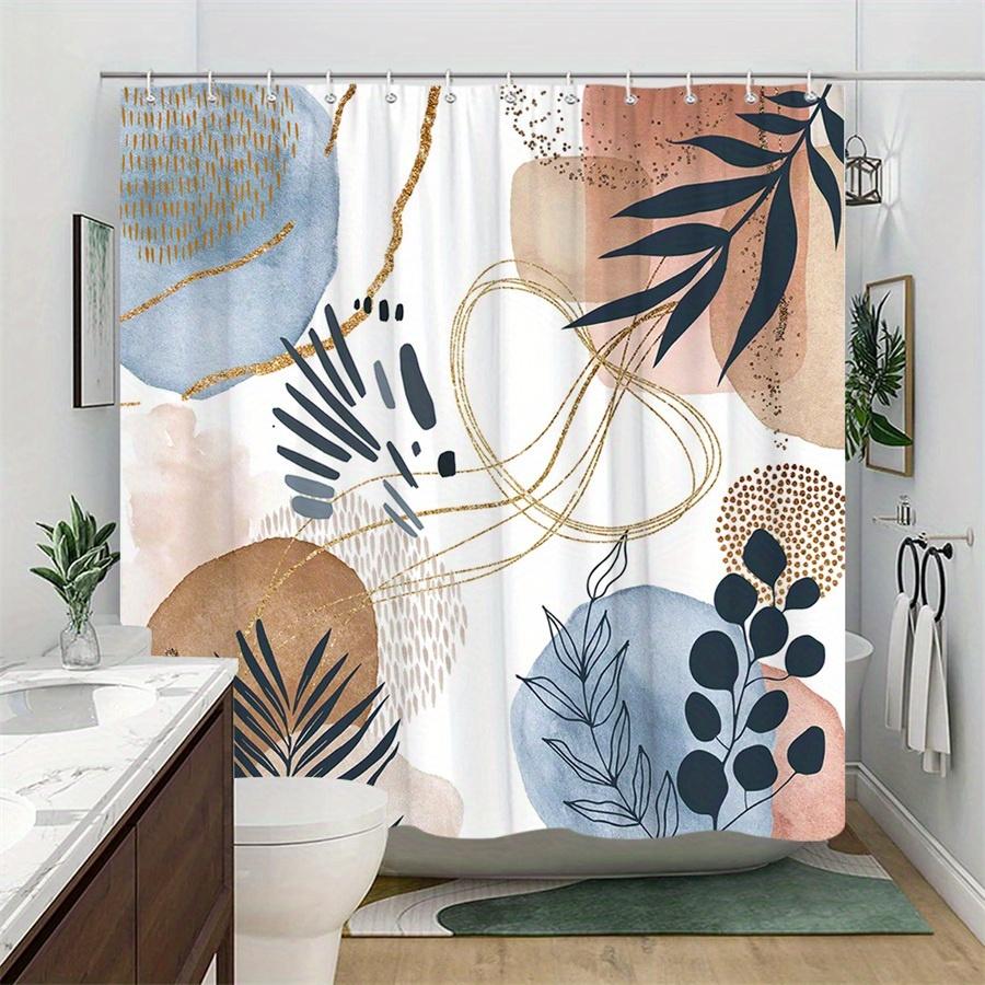1Pc Abstract Geometric And Nature Style Shower Curtain, Machine Washable Polyester With Hooks For Bathroom Decoration