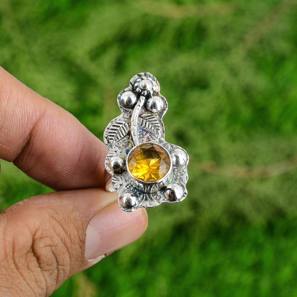 925 Silver Round Citrine Stone Promise Stackable Flower Statement Ring Jewelry