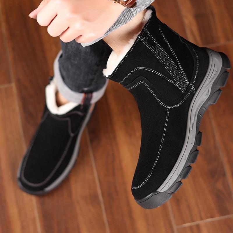 Winter Men's Cotton Shoes Leather Cowhide Snow Boots Velvet Warm Wool Men's Outdoor Men's Boots Light Boots Soft