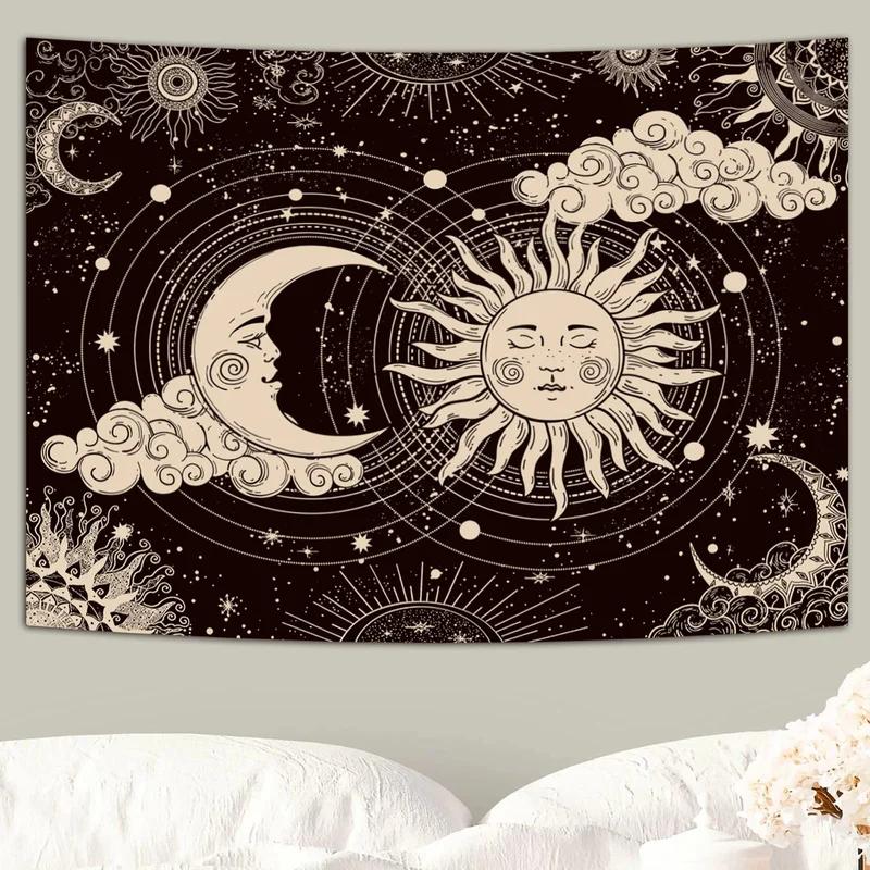 Sun and Moon Tapestry, Black and White Celestial Boho Print Wall Hanging for Bedroom Dorm Living Room Home Decor 100X70CM
