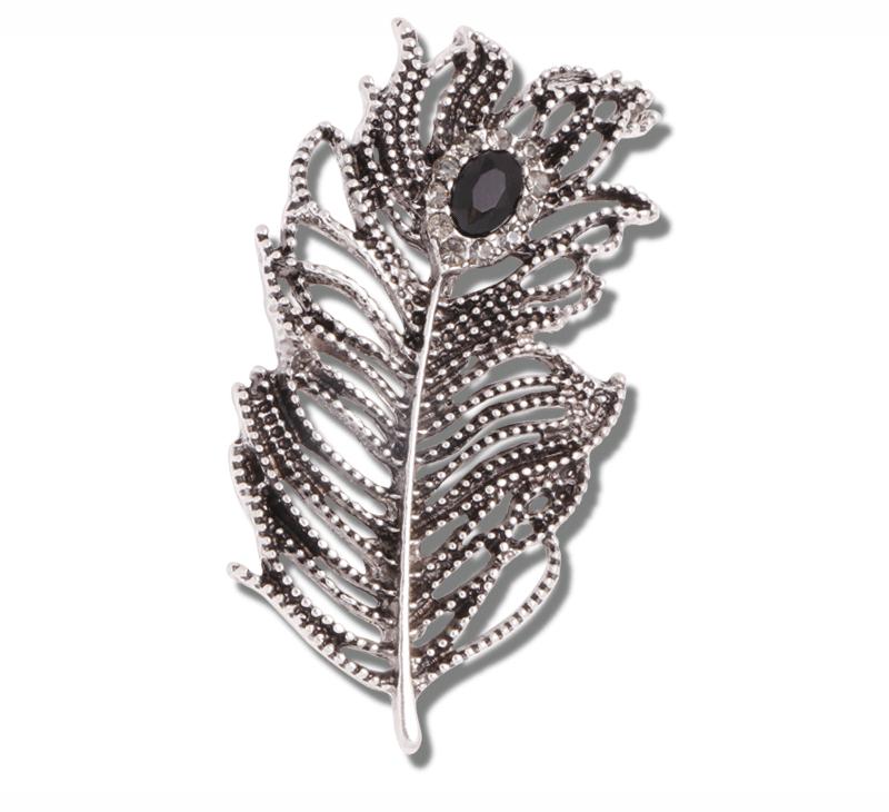 

Retro literary dress one-word crystal feather brooch accessories, metal diamond temperament black feather pin
