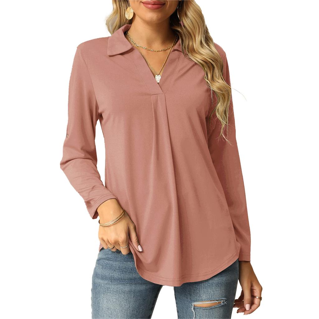 Frühling und Herbst Damen Hemdbluse Stretchshirt V-Ausschnitt Langarmshirt