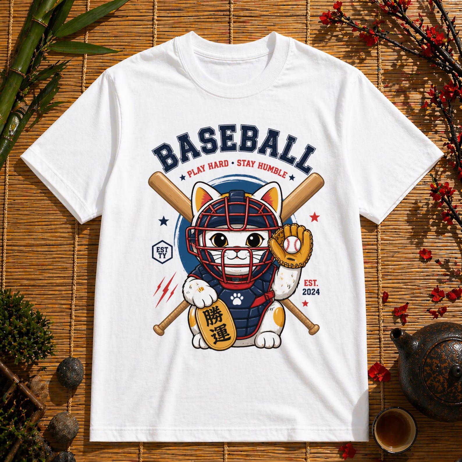 Lucky Cat Baseball Catcher Tee – Play Hard Stay Humble XL
