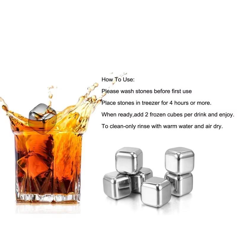6pcs/set Stainless Steel Reusable Ice Cubes Chilling Stones with Tongs Whiskey Stones Drink Coolers for Wine YY021