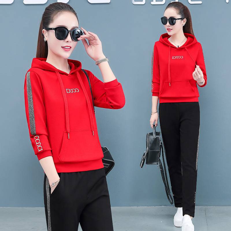 

Спортивный костюм женский весенний модный большой размер свободный буквенный с капюшоном повседневный комплект из двух предметов для бега XXXXL красный