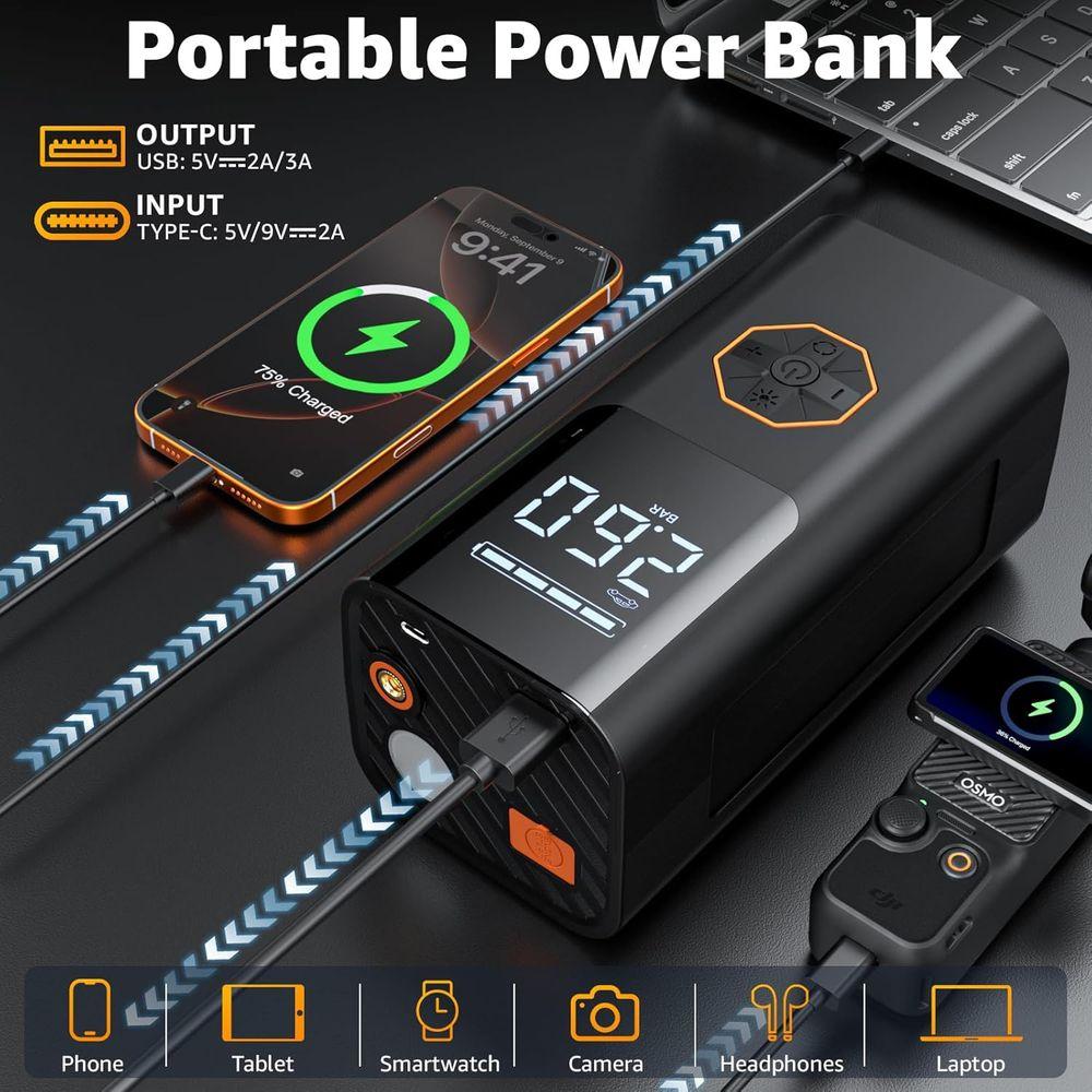 12V 5500A Multi-Function Jump Starter with Air Compressor, Tire Inflator, LED Light, and LCD Display
