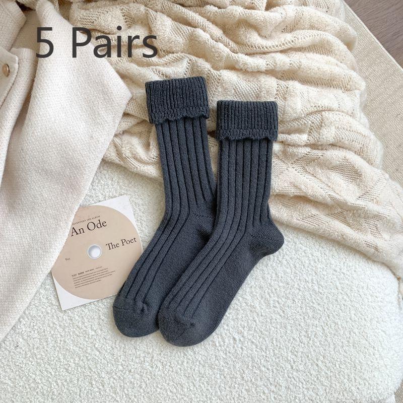 5 Pairs of Thick Woolen Socks for Women, Winter Warmth, Solid Color Long Tube Pile Socks, Warm Fleece Women's Socks