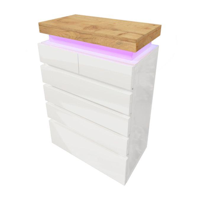 Commode, Buffet Brillant Avec 6 Tiroirs, Éclairage LED (commandé Par L'application), 115 X 73 X 39 Cm, Blanc