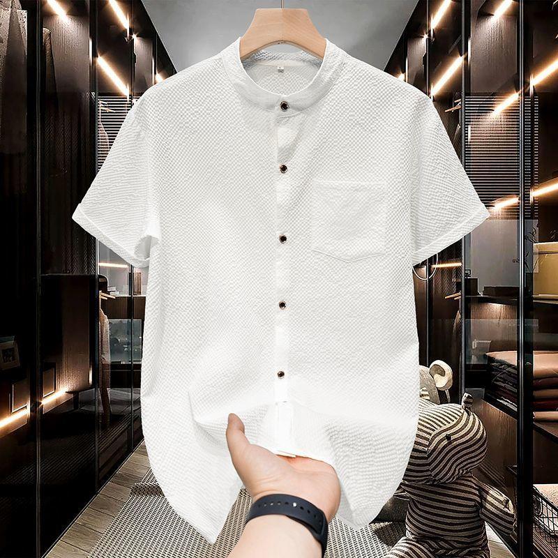 Summer Men's Shirt Short Sleeved Bubble Gauze Stand Up Collar