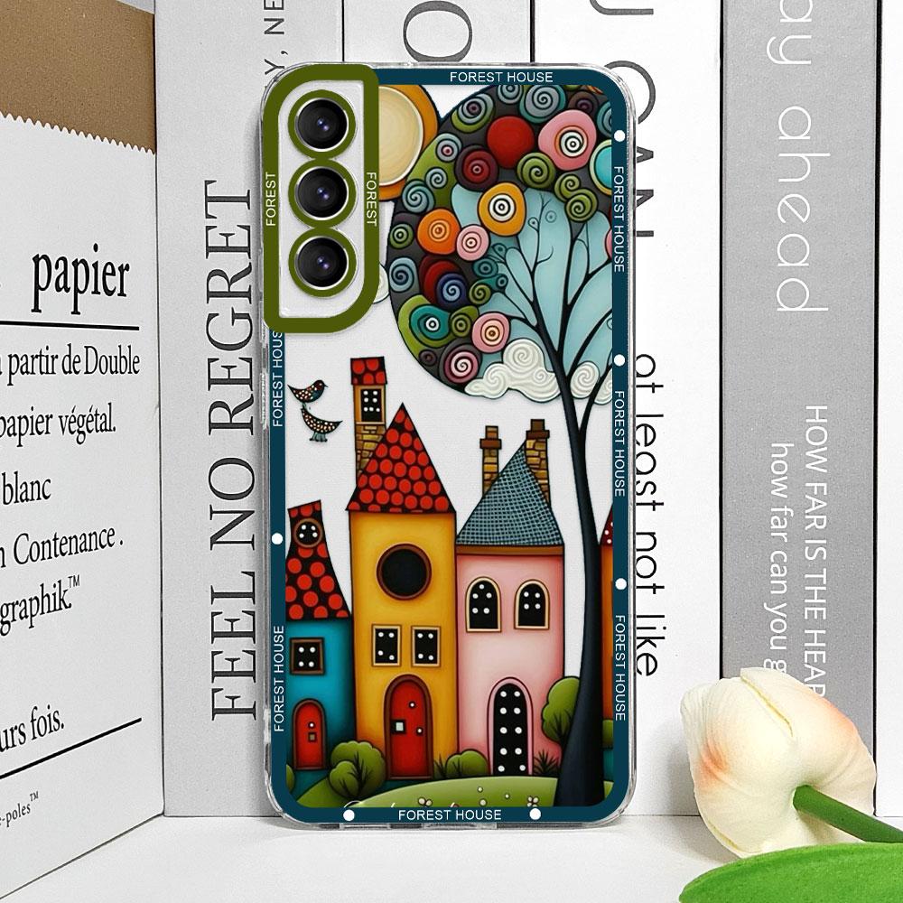 Hand Painted Forest House Clear Phone Case for Samsung A55 A54 A53 A51 A70 A32 A31 A22 A13 4G 5G Soft Cover Aesthetic Art Fundas