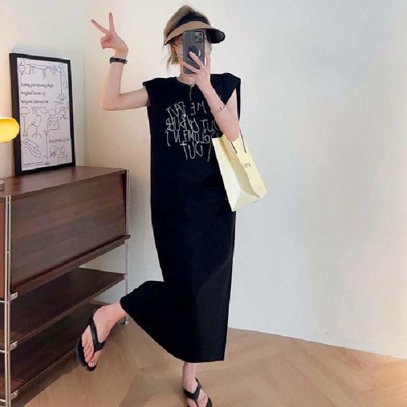 Damenrock Schlitz Lang Locker Große Größe Ärmelloses T-Shirt Mode Lässiges Kleid Westenkleid