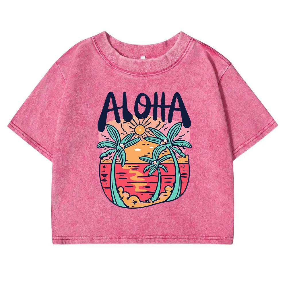 Beach Style Aloha Printing Women T Shirts Washed Fitness Retro Crop Top Summer Sweat Tees Shirt Cotton Tee