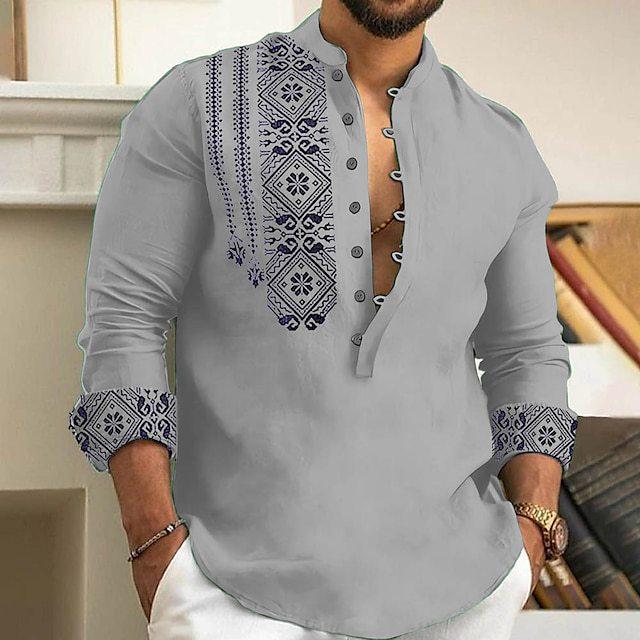 2025 Men's Trendy European & American Print Long Sleeve Stand Collar Casual Shirt