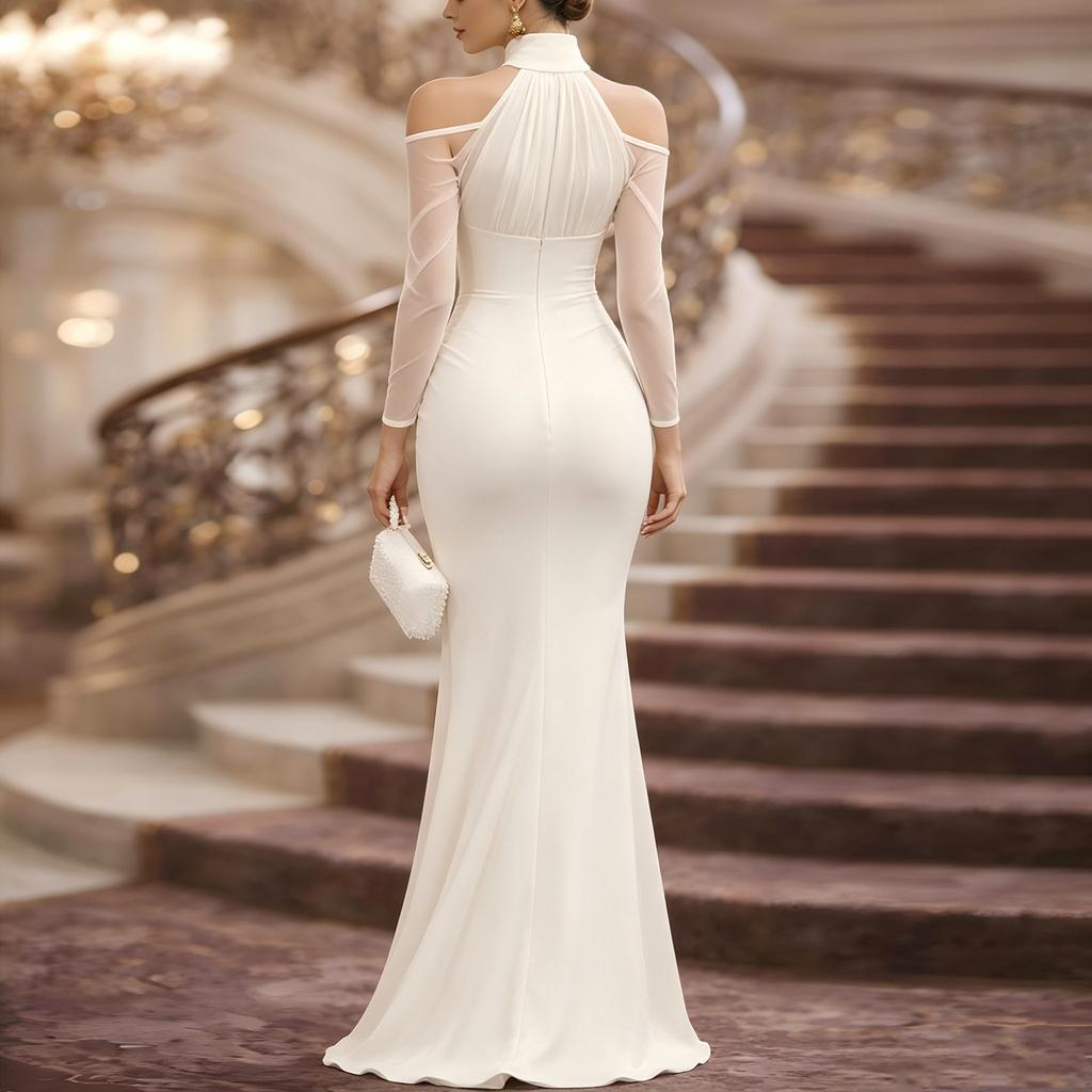 Women Halter Neck Long Sleeve Evening Dress Sheer Mesh Off Shoulder Floor Length Formal Gown Ruched Waist Maxi Dress
