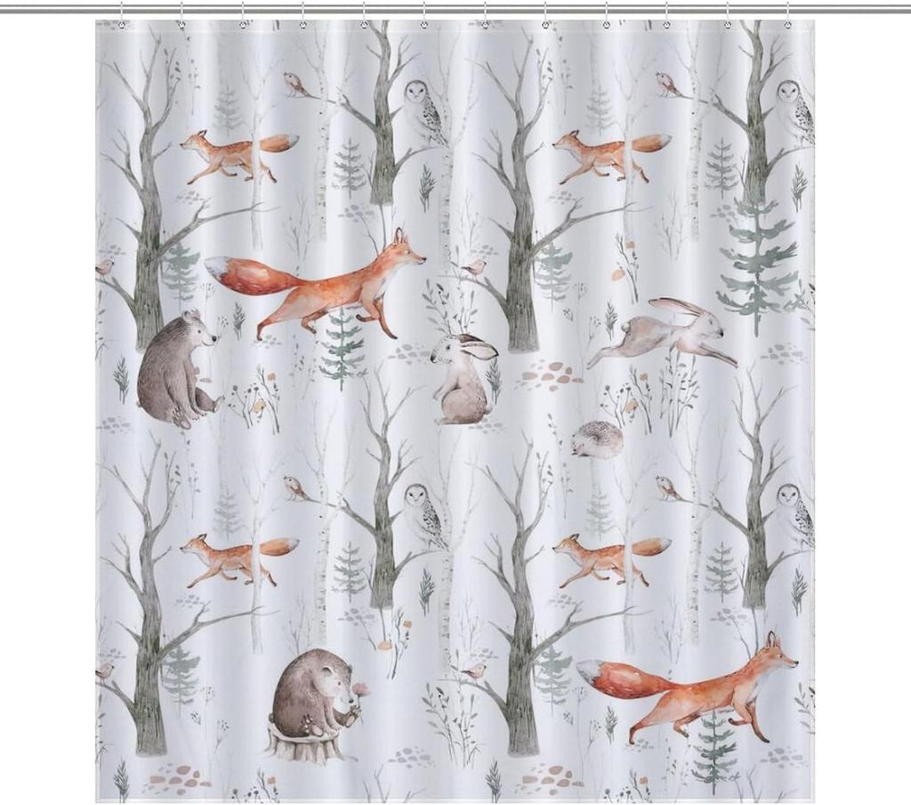 Cartoon Cute Forest Shower Curtains, Fairy Tale Mushroom Cat Flower Floral Leaf Green Pattern Decor Print Bath Drapes Set
