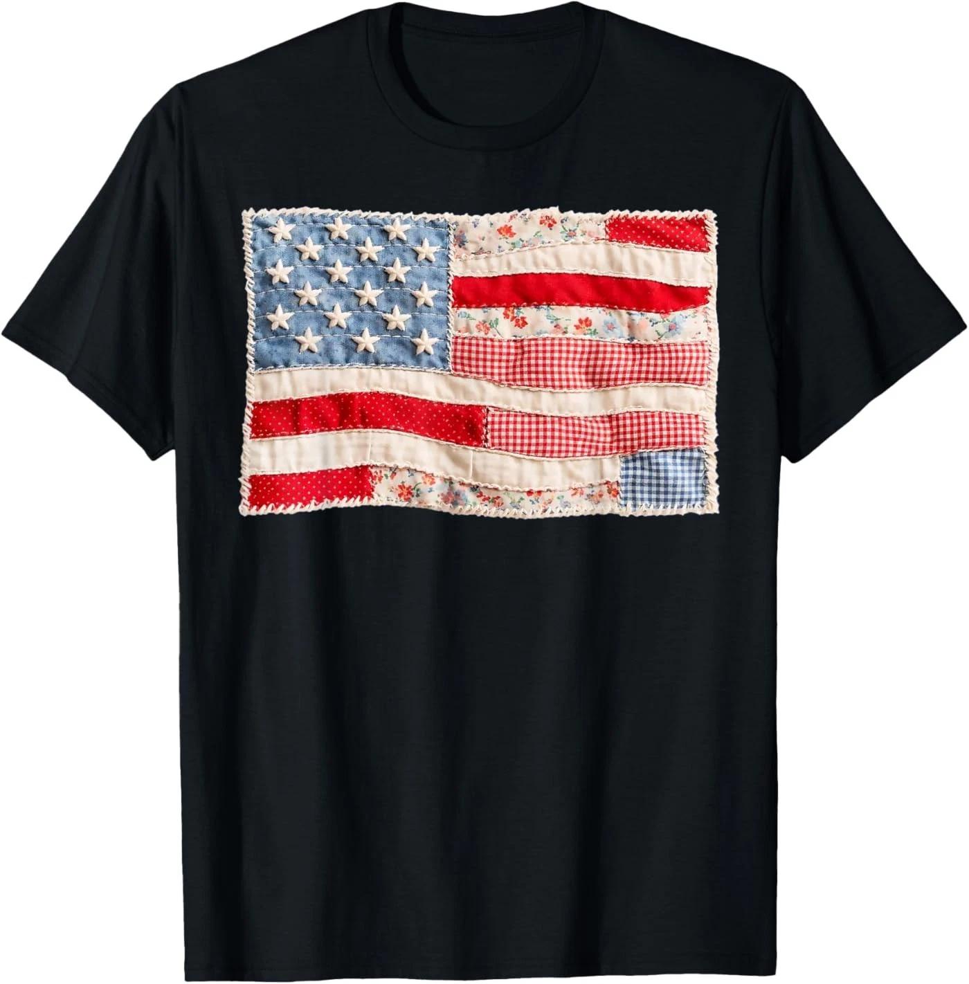 Vintage Printed Patchwork US Flag Patriotic 4th of July T-Shirt S