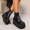 Größe 35-42 Plateau Keilabsatz Schwarzes Leder Kurze Stiefel Herbst Klobige Sohle Stiefeletten für Damen Slipper Botines Botas Mujer