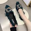 Fashion Black Shoes for Women Rhinestone with Crystals Green Elegant Party Pointed Toe Woman Flats Diamond Social Korean Style Lastest