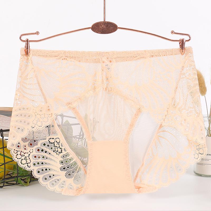 Damen Sexy Spitze Mid-Waist Transparent Panties, Nahtlos Übergröße, Reiner Baumwollzwickel, Dünner Stil Dreieck