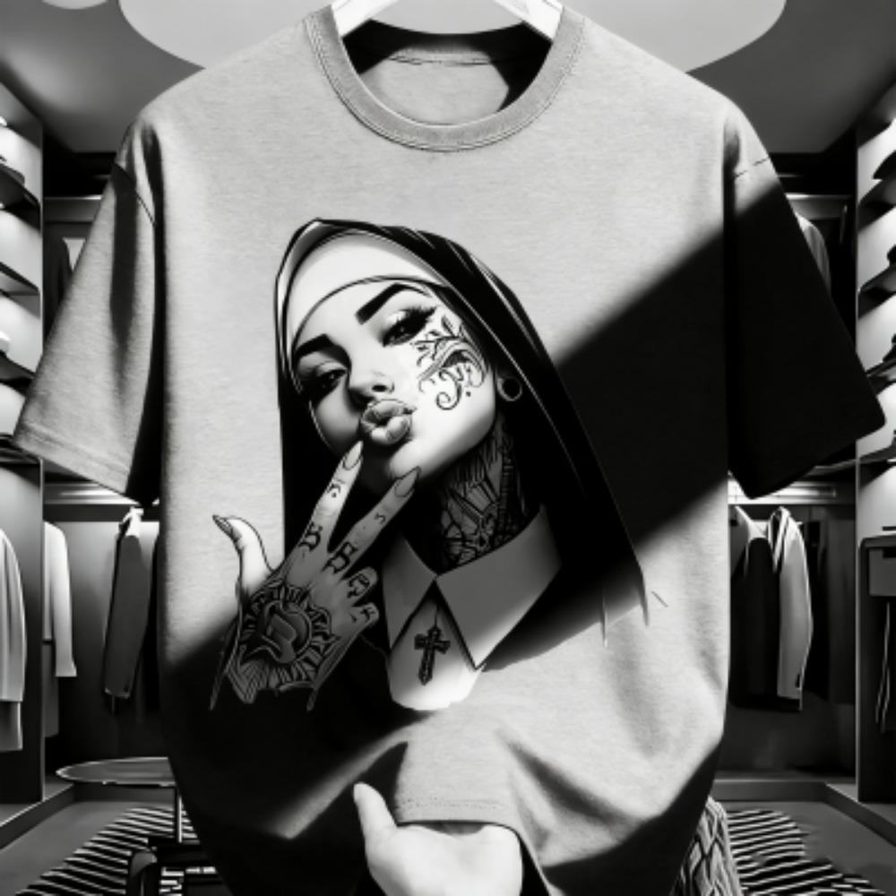 Tattooed Nun Graphic Print Men's T-shirt Summer Fashion Casual Loose Short Sleeves Men's and Women's Tees Top