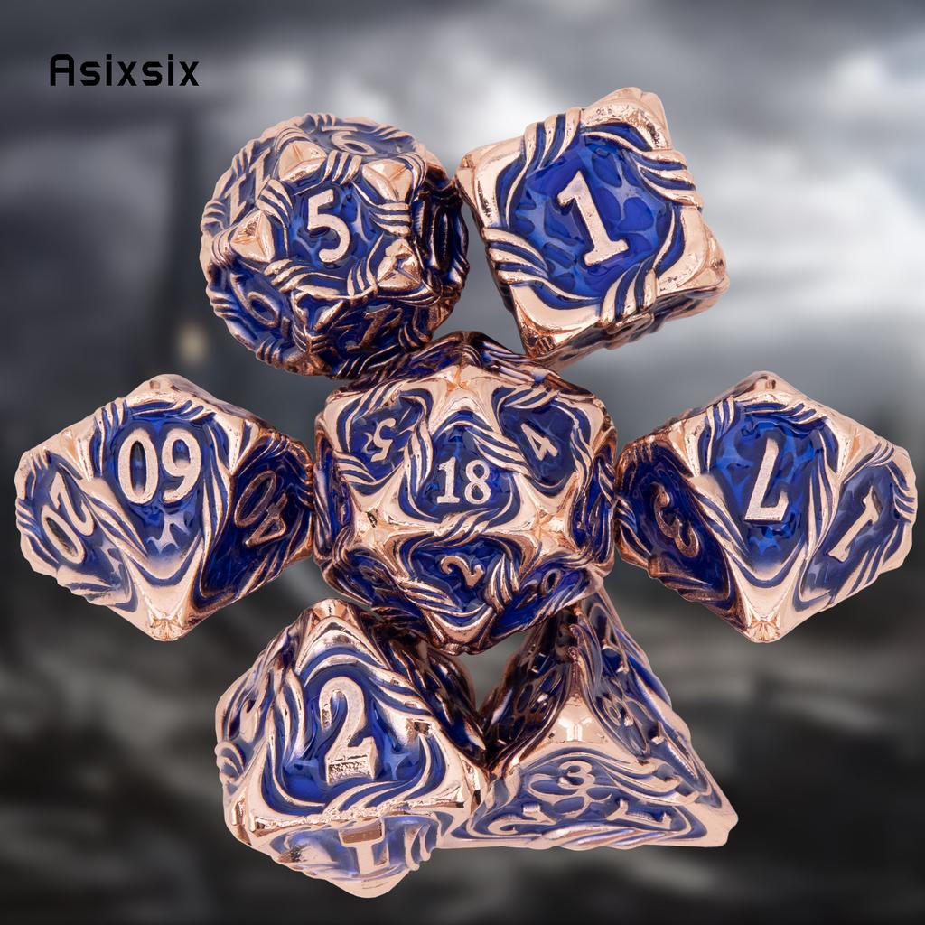 7 Pcs Yellow Blue Tree Vine Metal Dice Solid Metal Polyhedral Dice Set Suitable for Role-Playing RPG Board Game Dice RPG