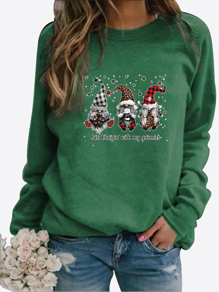 Women's Christmas Present Autumn and Winter Round Neck Casual Fashion Solid Color Long Sleeve Print T-shirt Loose Blouse Tops
