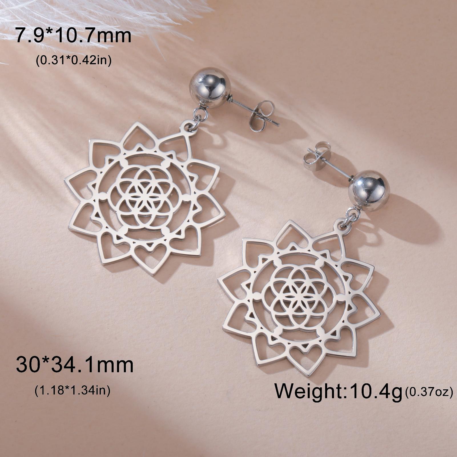 

LIKGREAT Flower of Life Hoop Earrings for Women Mandala Stainless Steel Hoops Gold Color Hollow Drop Earrings Vintage Jewelry no