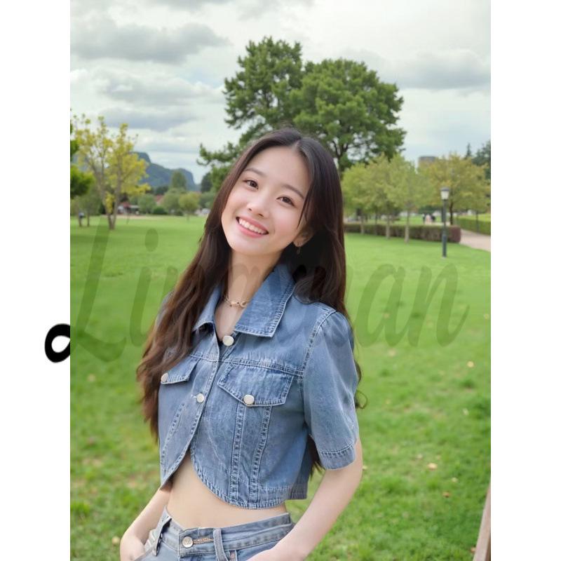 2026 Korean Retro Hong Kong Soft Denim Petite Cropped Top S синий
