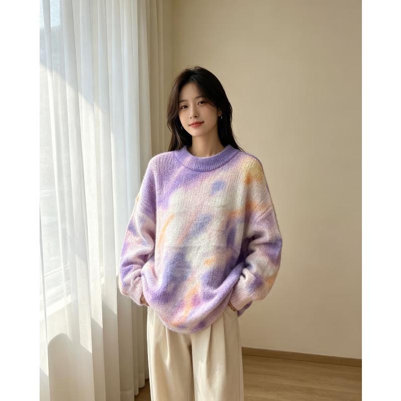2026 Autumn Women Colorful Sweaters Knitting Basic Fashion O-Neck Style Loose Pullover Sweater