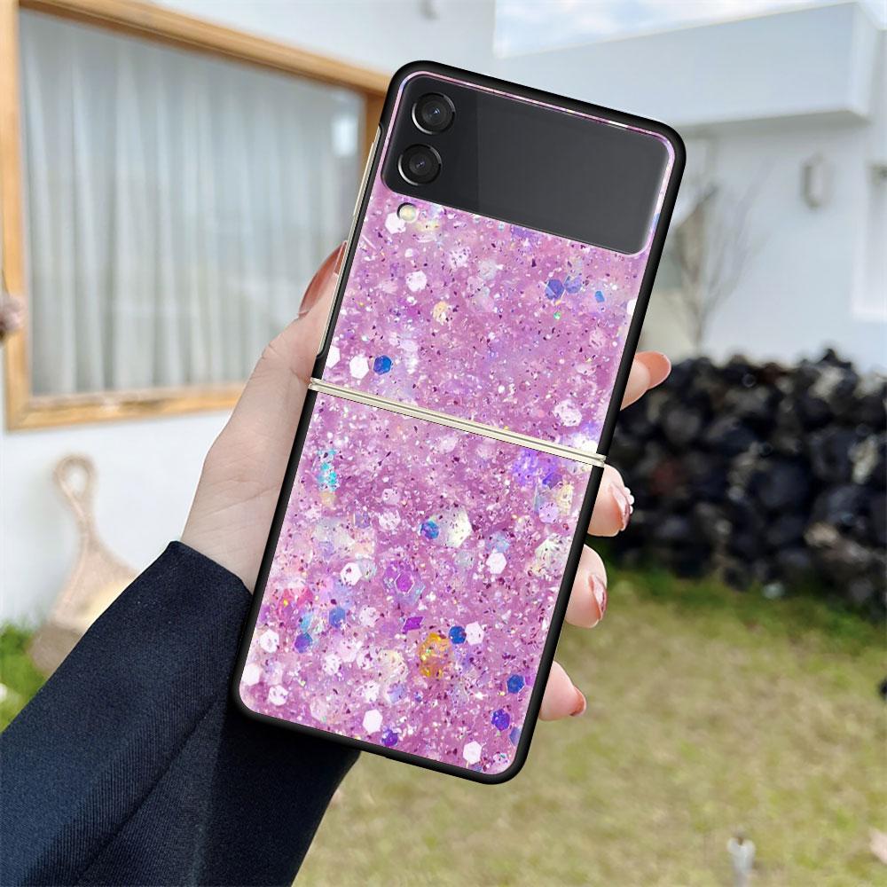 Shiny Pink Cool Case For Samsung Galaxy Z Flip 3 4 5G Black Hard PC Phone Housing Z Flip4 Luxury Segmented Cover