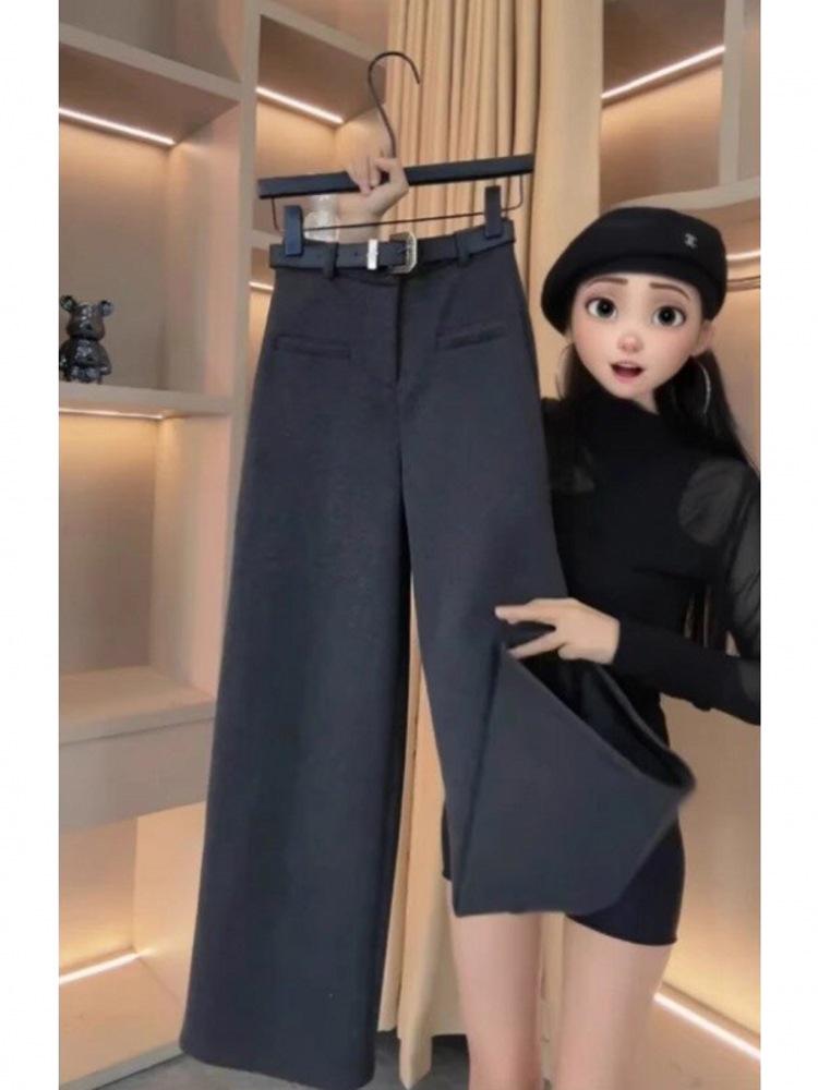 Women's Wool Wide-Leg Pants: Spring/Fall Loose Fit, Straight-Leg, Slimming Pockets with Velvet for Winter.