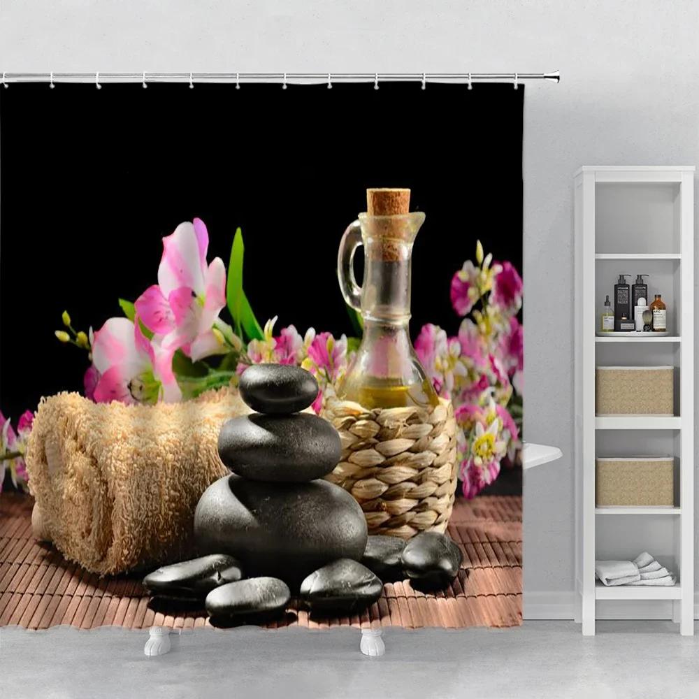

Green Bamboo Zen Shower Curtains Black Stone Pebble Massage Stone Spa Bathroom Decor Product Bath Curtain Sets With Hooks Fabric W60H190(CM)-1 Pcs