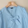VONDA Women Puff Long Sleeve Lace Hem Bow Knot Casual Blouse Tops