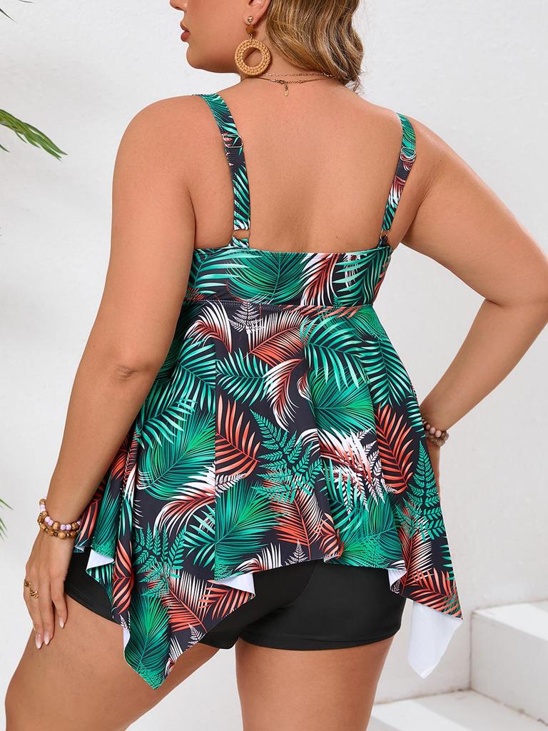 Plus Size Retro Print Tummy Control Slimming Two-Piece Swimsuit for Women