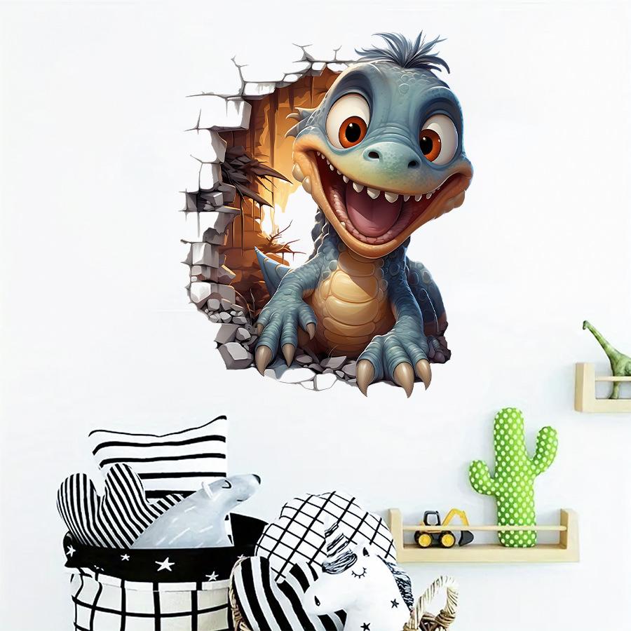 Cartoon Watercolor Cute Dinosaur Breaking Through Wall Stickers, Self-Adhesive Decor for Bedroom Study Room Nursery Decoration