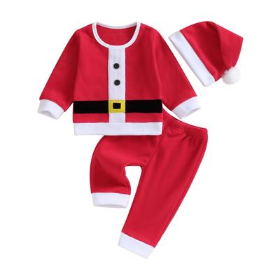 Batole Dívky Chlapci Vánoční oblečení Potisk na opasek Knoflíky Patchwork Topy s dlouhým rukávem Dlouhé kalhoty Santa klobouk 3 ks sada podzimního oblečení