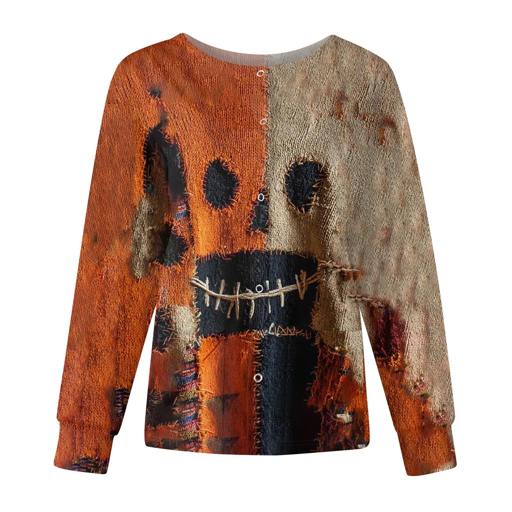 Women's Casual Fashion Long Sleeve Standing Collar Single Breasted Halloween Print Workwear Jacket Tops