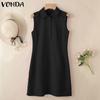 VONDA Women Summer Sleeveless Lapel Neck Buttons Slim Waist Casual Thin Mini Dress