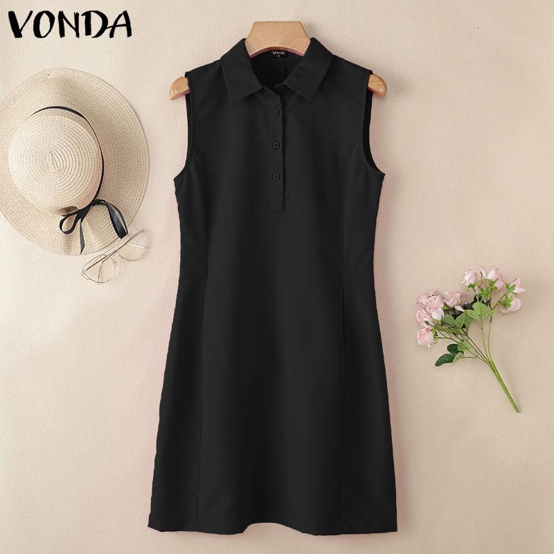 VONDA Women Summer Sleeveless Lapel Neck Buttons Slim Waist Casual Thin Mini Dress