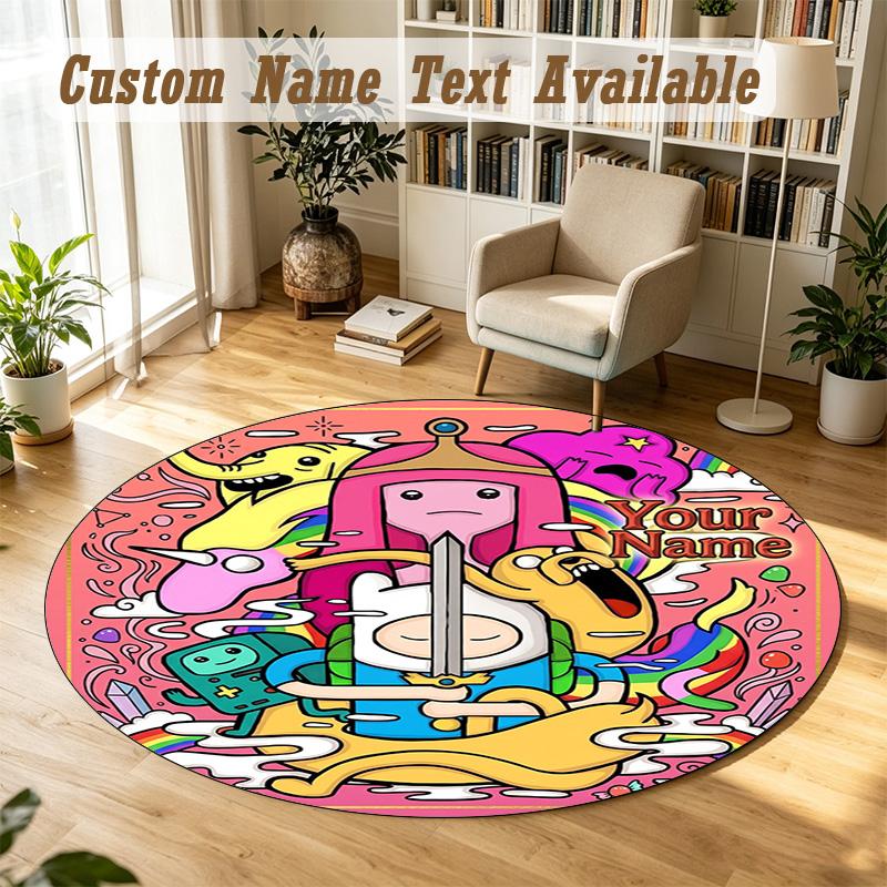 Round Rug Custom NameAdventure Time Pattern Non Slip Carpet Home Floor Decor