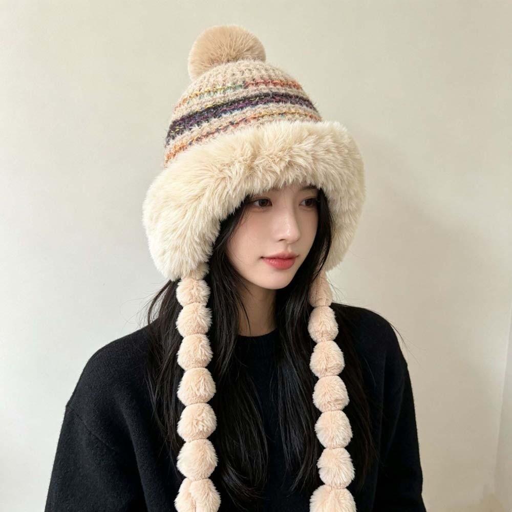 Fur Brim Pompom Braids Hat Striped Knit Earflap Winter Cap Fleece Knit Beanie Teens